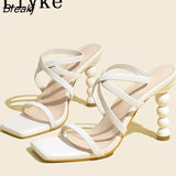 Summer Fashion Stretch Fabric Narrow Band Square Toe Strange High Heels White Sandals Women Slip-on Back Strap Shoes