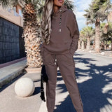 Winter Solid Hoodie Sweatshrt Outfits Women Autumn Casual Drawatring Top Pullover & Pocket Pants Set Office Lady Two-piece