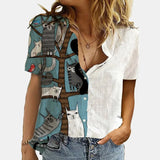 Women Elegant Office Simple Turn-down Collar Cartoon Print Casual Shirt Fashion Summer Short Sleeves Button Cardigan