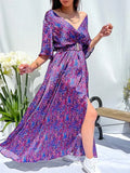 Sexy V Neck High Slit Drape Party Dress Summer Bohemian Long Dress Women 2022 Elegant Multicolor Print Slim Waist Beach