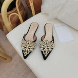 For Women 2023 Pointed Toe String Bead Shoes Lace Ladies' Slippers Pantofle Flat Cover New Slides Fabric Rome Basic