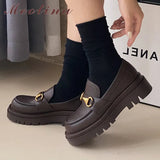 Women Genuine Leather Pumps Loafers Shoes Platform High Heels Metal Decoration Thick Heel Lady Footwear Spring Brown