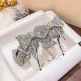 Sequins Wedding Shoes for Women Bride 2023 Elegant Pointed Toe Thin Heels Pumps Woman Silver Crystal High Heels for