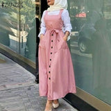 Women's Autumn Overalls Vestidos Fashion Islamic Dress ZANZEA 2022 Casual Solid Tank Marocain Robe Female Button Sundress