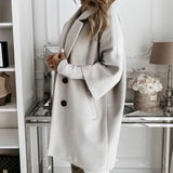 Solid Color Lapel Thick Coat Fall Winter Fashion Mid-length Buttons Cardigan Coat Elegant Office Lady Warm New Loose