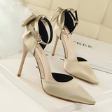Breakj Korean Version Of Sweet Women's Shoes Fine Heel High Heel Shallow Mouth Pointed Silk Hollow Bow After A Word With