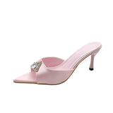 Breakj Summer New Pointed Toe Water Drill High Heel Sandals Thin Heel Color High Heel Half-Dragging