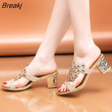 Women Summer Fashion Rhinestone Slipper Sexy Hollow Out Chunky High Heels Sandals Crystal Party Shoes Woman Flip