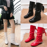Breakj Autumn And Winter Large-Size Knight Boots Low And Round Head After The Tie With Warm Mid-Sleet Boots
