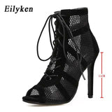2022 Fashion Black Summer Sandals Lace Up Cross-tied Peep Toe High Heel Ankle Strap Net Surface Hollow Out