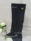 Breakj Women's Shoes New Pointed Big Tube Straight Metal Buckle Boots Large Size Thick Heel Trouser Hose Boots Women's