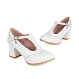 Women's Classic T-Strap Patent Leather Pumps High Chuncky Heel Mary Jane Round Toe Oxfords Dress Shoes Japanese Office Lady