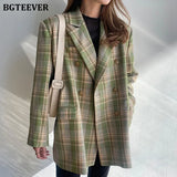 Vintage Loose Women Jacket Plaid Blazer Autumn Chic Double Breasted Female Long Suit Jackets Stylish Ladies