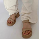 Breakj Real Soft Leather Elegant 2023 Retro Thick Foot Increased A Word Drag Female Summer Fairy High Heel Outside Wearing Beach