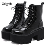 Woman Lace Autumn Boots Womens Ladies Chunky Wedge Platform Black Patent Leather Ankle Boots Punk Goth New Arrival