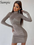 Women Dress Black 2021 Turtleneck Velvet Skinny Ladies Long Sleeve Fashion Bodycon Dress Party Sexy Club Short Mini