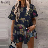 Bohemian Lace Patchwork Tops Women's Summer Blouses ZANZEA 2022 Casual Short Sleeve Blusa Female Hollow Peplum