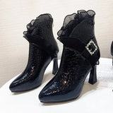 Women's Modern Boots Fashion High Heels Lace Design Buckle Decorate Ladies Ankle Boots Black Stone Grain Women's