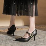 Breakj Pointed Mary Jane Shoes Women's 2023 New Fine Heel Soft Leather Single Shoes One-Word Buckle Fashion Pointed High