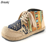 Women Shoes Boho Cotton Linen Canvas Single National Woven Round Toe Lace Up Cloth Shoes Woman Flats Size