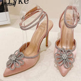Summer Party Elegant Women Wedding Prom Shoes Crystal Buckle Pointed Toe Rhinestone High Heels Pumps Ankle Strap