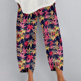 Fashion Loose Plus Size Elastic Waist Cropped Pants Casual Irregular Wide Leg Pants Multi-color Print Cotton Linen