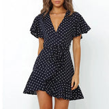 2021 Summer Boho Printed Mini Dress Women V Neck Holiday Beach Dresses A Line Short Sleeve Ruffle Wrap Dress