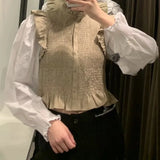 New Spring Women Elastic Pleated Splicing Blouse Female Ruffle Long Sleeve Shirt Lady Loose Tops Blusas