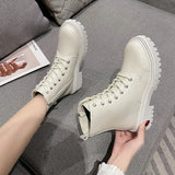 Combat Boots Women White PU Leather Motorcycle Boots Punk Gothic Shoes Fashion Lace Up Black Ankle Boots Female