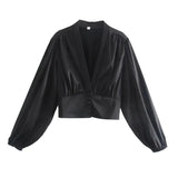 Chic Buttons Slim Waist Cropped Blouses Women 2021 Fashion Puff Sleeve V-Neck Shirts Girls Casual