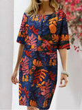 Spring Summer New Lady Casual Loose Midi Dress Women half Sleeve Vintage Printed Dresses Fashion Split Crew Neck Pullover