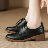 Med-High Heels Oxford Shoes Woman Lace-Up Sneakers Solid Leather Brogues Ladies All Match Loafers Office Dress Flats