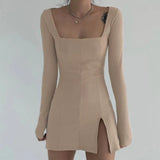 Split Side Solid Bodycon Mini Dress Women Square Collar Ribbed Casual Short Dresses Ladies Long Sleeve Korean