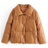 PU Leather Parkas Fashion High Street Solid Faxu Leather Coats Elegant Winter Thick Cotton Jackets Loose
