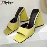 Summer Orange Black Triangle Thick heel Slippers Sexy Street Woman Party Peep toe Dress shoes size