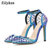 Elegant Blue High Heels Women Pumps Pointed Toe Wedding Shoes Buckle Strap Party Rivet Pumps Shoes
