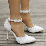 Lace Flowers Women Wedding Shoes Wristband Bride Shoes One Word Buckle Thin Heels Ladies High Heels wedding shoes