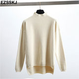 Style Loose Sweater Women Pullover Casual Half Turtleneck Long Sleeve Oversized Knit Sweater Female Jumpers Split