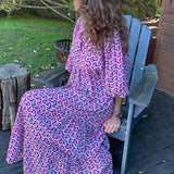 Summer Women New Fashion Casual Patchwork Printed Puff Sleeves Long Dress Elegant Slim V Neck Streetwear Elegant
