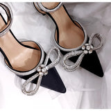 Hot Glitter Rhinestones Women Pumps Crystal bowknot Satin Summer Lady Shoes Genuine leather High heels Party Prom