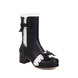 2021 Autumn Winter Cosplay Mid Long Boots Women Pink White Black Princess Ruffles Butterfly-knot Chunky Hees Lolita JK