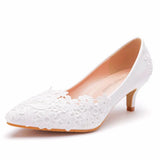 Breakj Simple Lace Flower Wedding Shoes White 5Cm High Heels Wedding Photos Adult Wedding Shoes Wedding