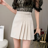 New Women High Waist Single Button Office Lady Mini Pleated Skirt Casual Female Solid Color Slim Fit Short Black