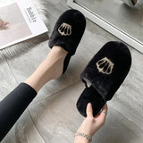 And Winter New Plush Slippers Women's Flat Crown Baotou Cotton Slippers Leisure Warm Soft-Soled Home