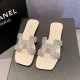 Breakj Version Of The Diamond One Type Flat Bottom Slippers Female Flat Slippers Square Head One Foot Pedal Home