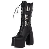 Punk Women Solid Buckle Lace Up Bat Decoration High Heel Plarform Women Boots 2021 Casual Trendy Luxury Winter