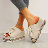 Summer Shoes 2022 Summer Lace Up Height Increase Wedge Slippers Women Plus Size Closed Toe Straw Platform Sandals
