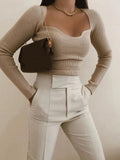 Chic Beige Knitted Cropped Blouses Women 2021 Fashion Sexy Square Collar Shirts Girls Streetwear Casual