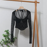 Sexy Hot Tie Tie With Hanging Neck Long-Sleeved Mesh T-Shirt Repair Short Open Fork Cuff Top