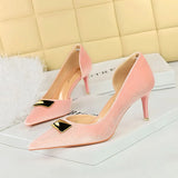 Breakj Banquet Ultra High Heel Shallow Pointed Tip Side Hollow West Shi Suede High Heel
